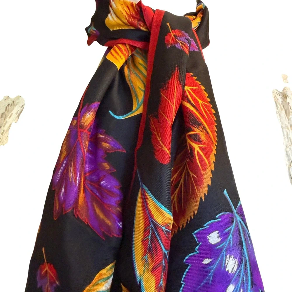 Vintage‎ Fall Leaves Scarf Black Red Border Multicolor Autumn Foliage Oblong